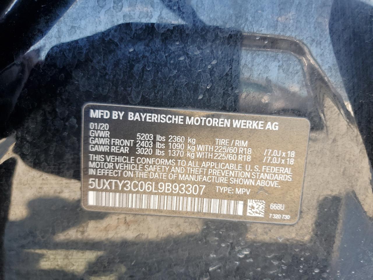 2020 BMW X3 Sdrive30I VIN: 5UXTY3C06L9B93307 Lot: 62905525
