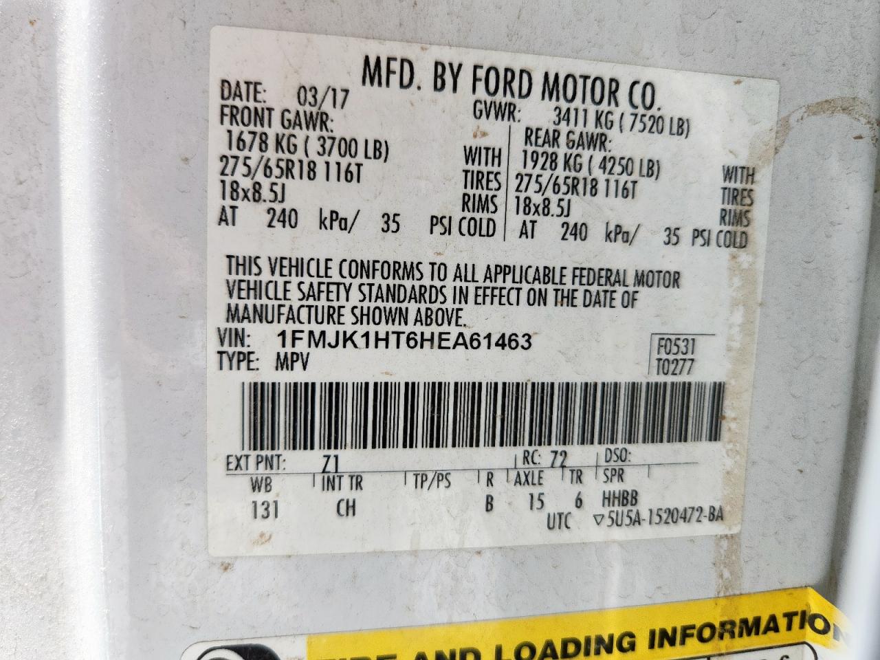 2017 Ford Expedition El Xlt VIN: 1FMJK1HT6HEA61463 Lot: 62345605