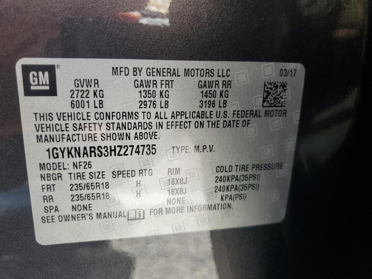 2017 Cadillac Xt5 VIN: 1GYKNARS3HZ274735 Lot: 62157445