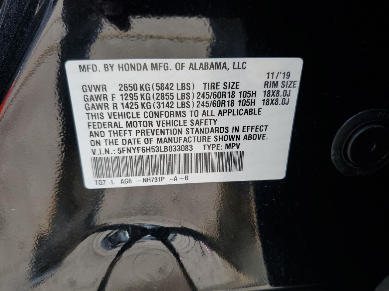 2020 Honda Pilot Exl VIN: 5FNYF6H53LB033083 Lot: 86075035