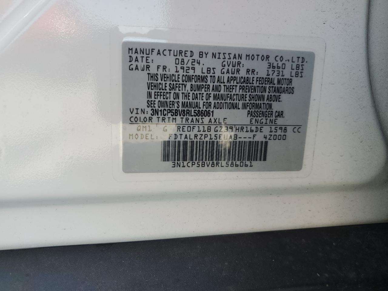 2024 Nissan Kicks S VIN: 3N1CP5BV8RL586061 Lot: 62846885