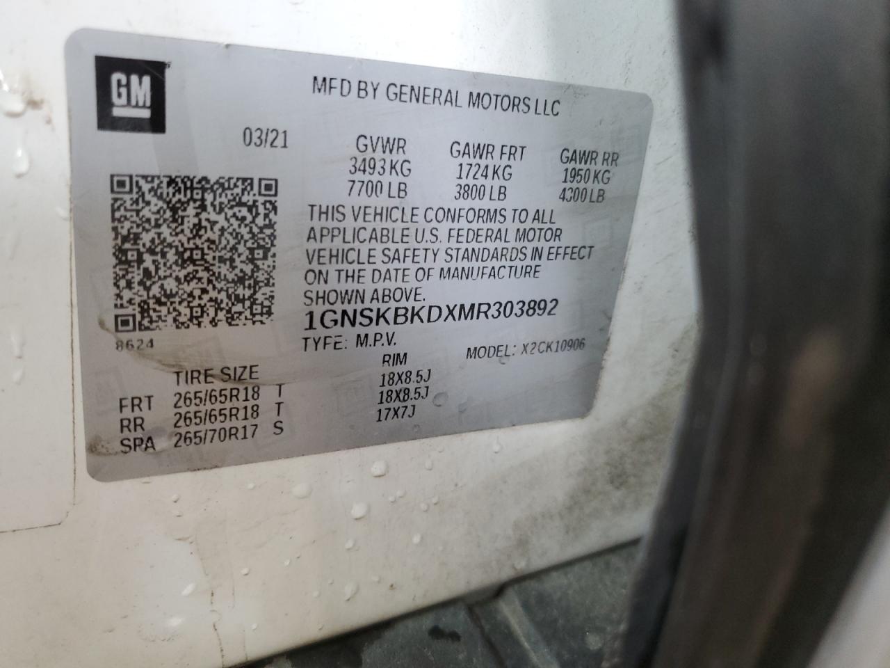 2021 Chevrolet Suburban K1500 Ls VIN: 1GNSKBKDXMR303892 Lot: 60840085