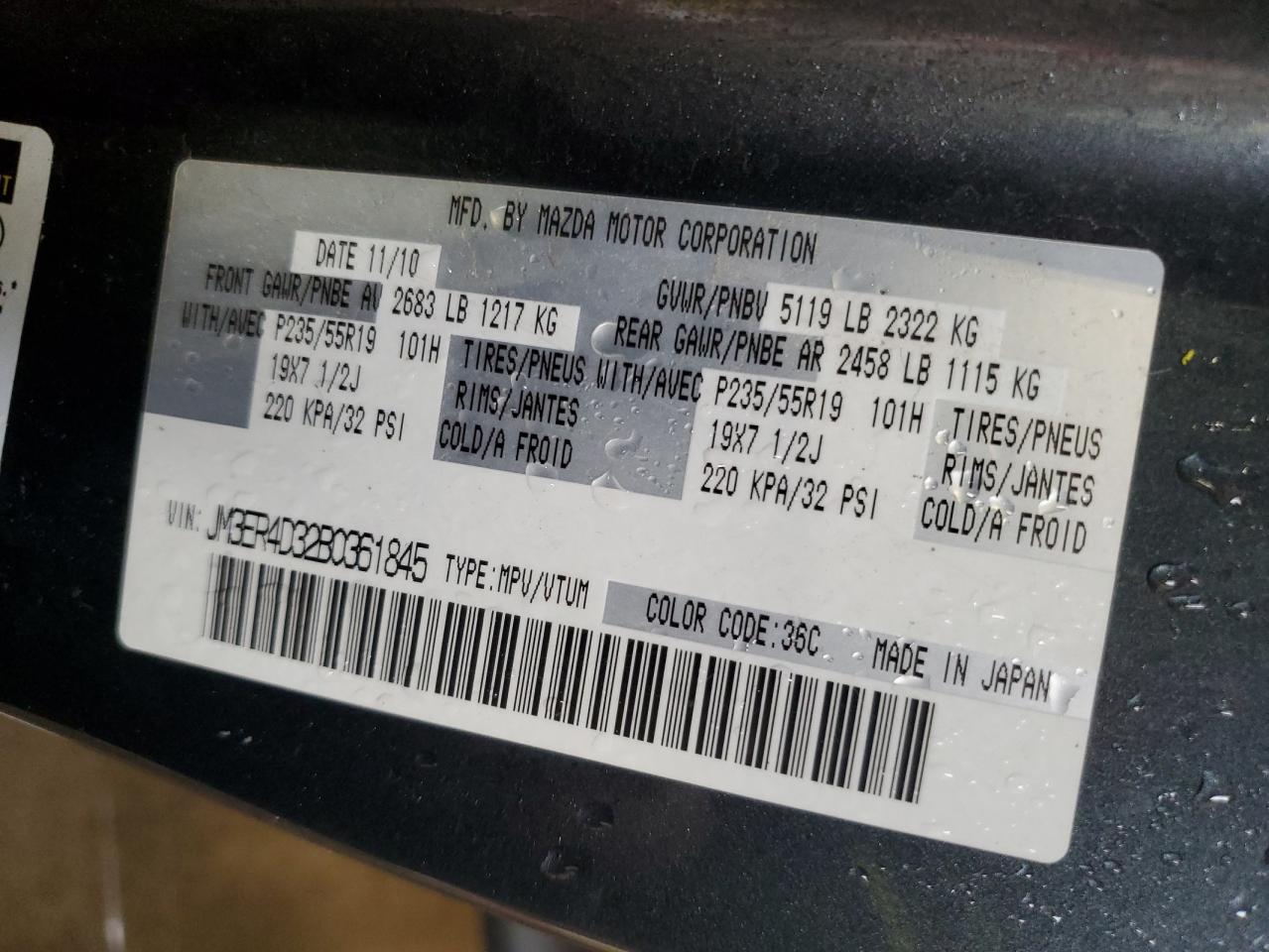 2011 Mazda Cx-7 VIN: JM3ER4D32B0361845 Lot: 61918585