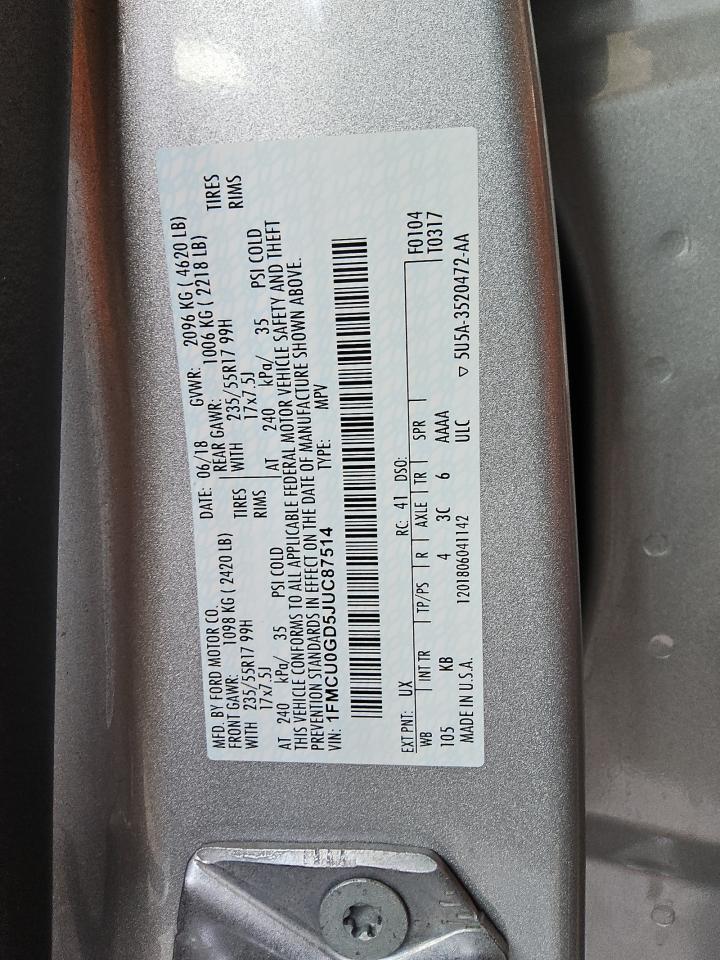 2018 Ford Escape Se VIN: 1FMCU0GD5JUC87514 Lot: 62022805