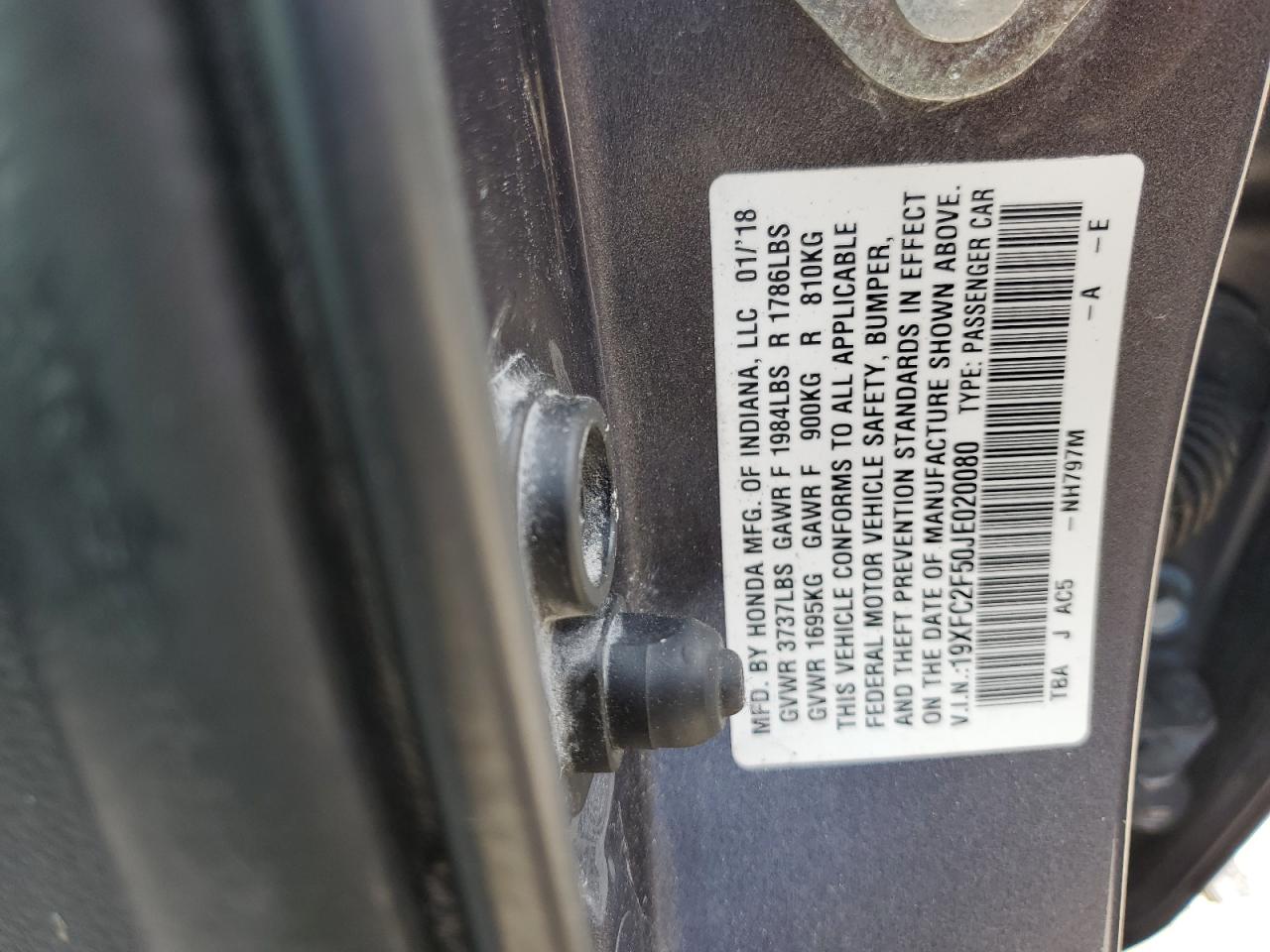 2018 Honda Civic Lx VIN: 19XFC2F50JE020080 Lot: 60702935