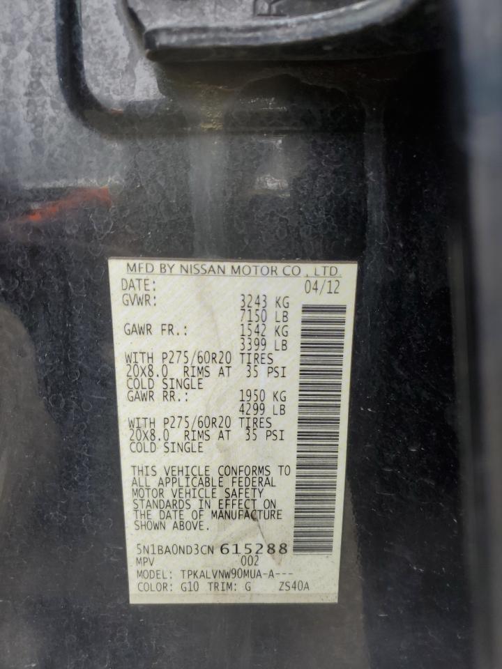 2012 Nissan Armada Sv VIN: 5N1BA0ND3CN615288 Lot: 61027415