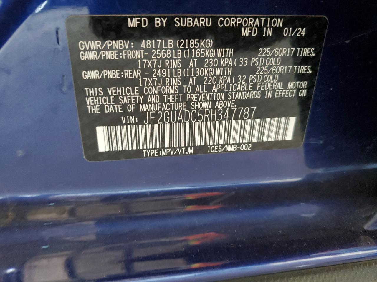 2024 Subaru Crosstrek Premium VIN: JF2GUADC5RH347787 Lot: 63064965