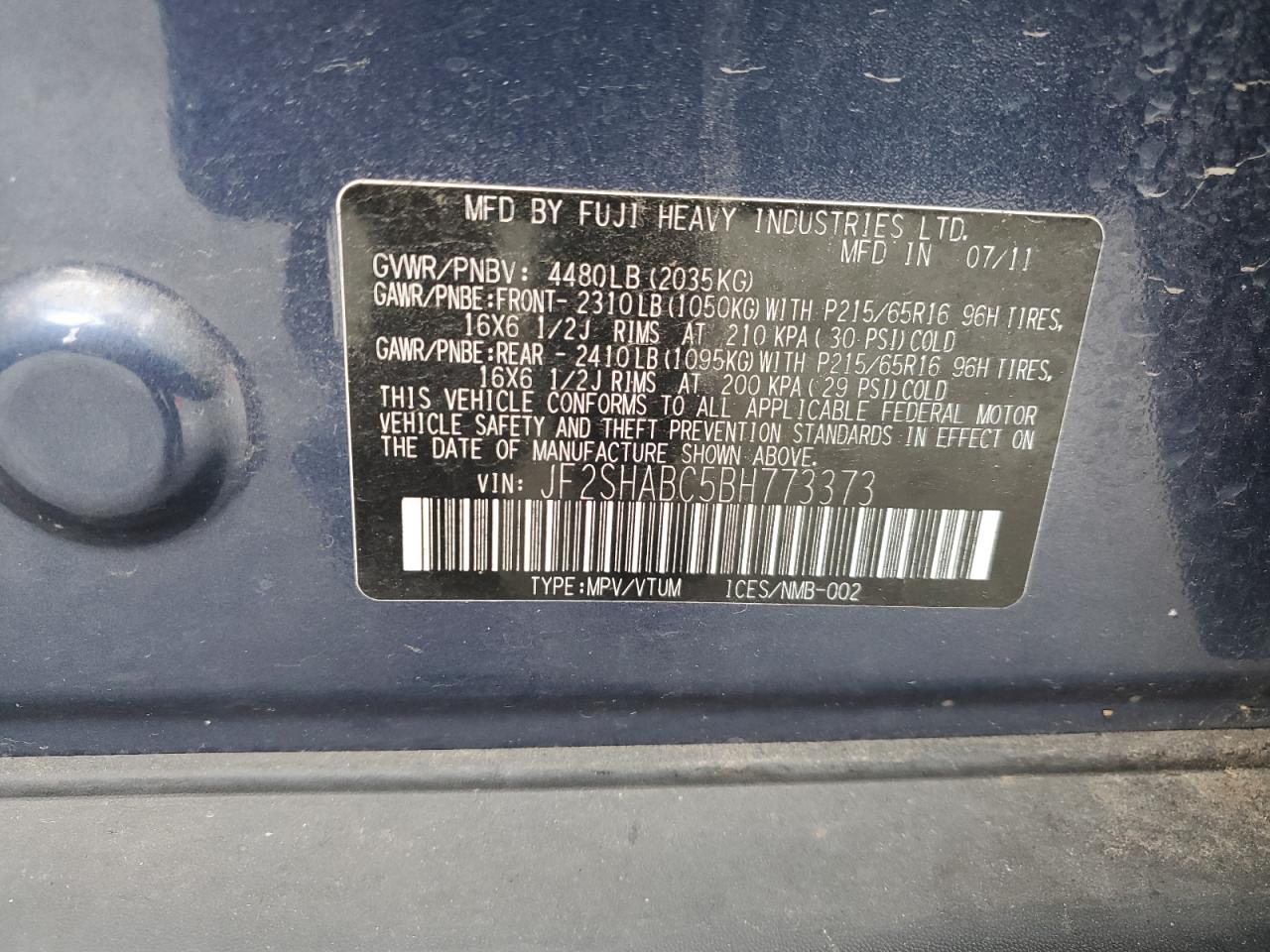 2011 Subaru Forester 2.5X VIN: JF2SHABC5BH773373 Lot: 62601485