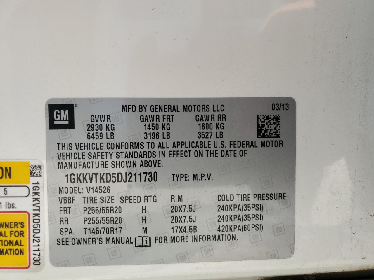 2013 GMC Acadia Denali VIN: 1GKKVTKD5DJ211730 Lot: 61271005