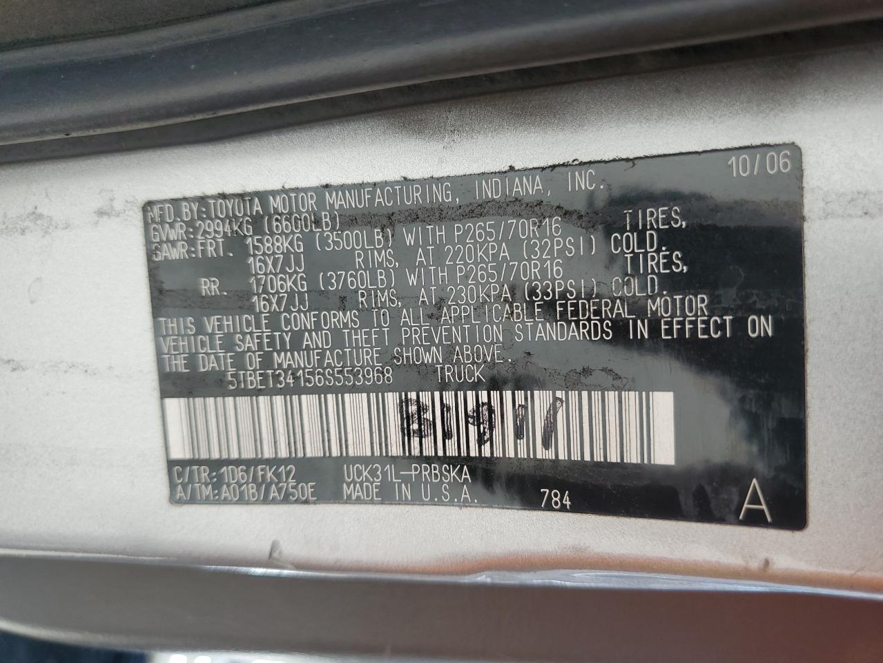 2006 Toyota Tundra Double Cab Sr5 VIN: 5TBET34156S553968 Lot: 59720125