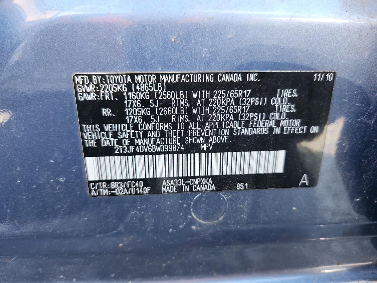 2011 Toyota Rav4 VIN: 2T3JF4DV6BW099874 Lot: 63144915