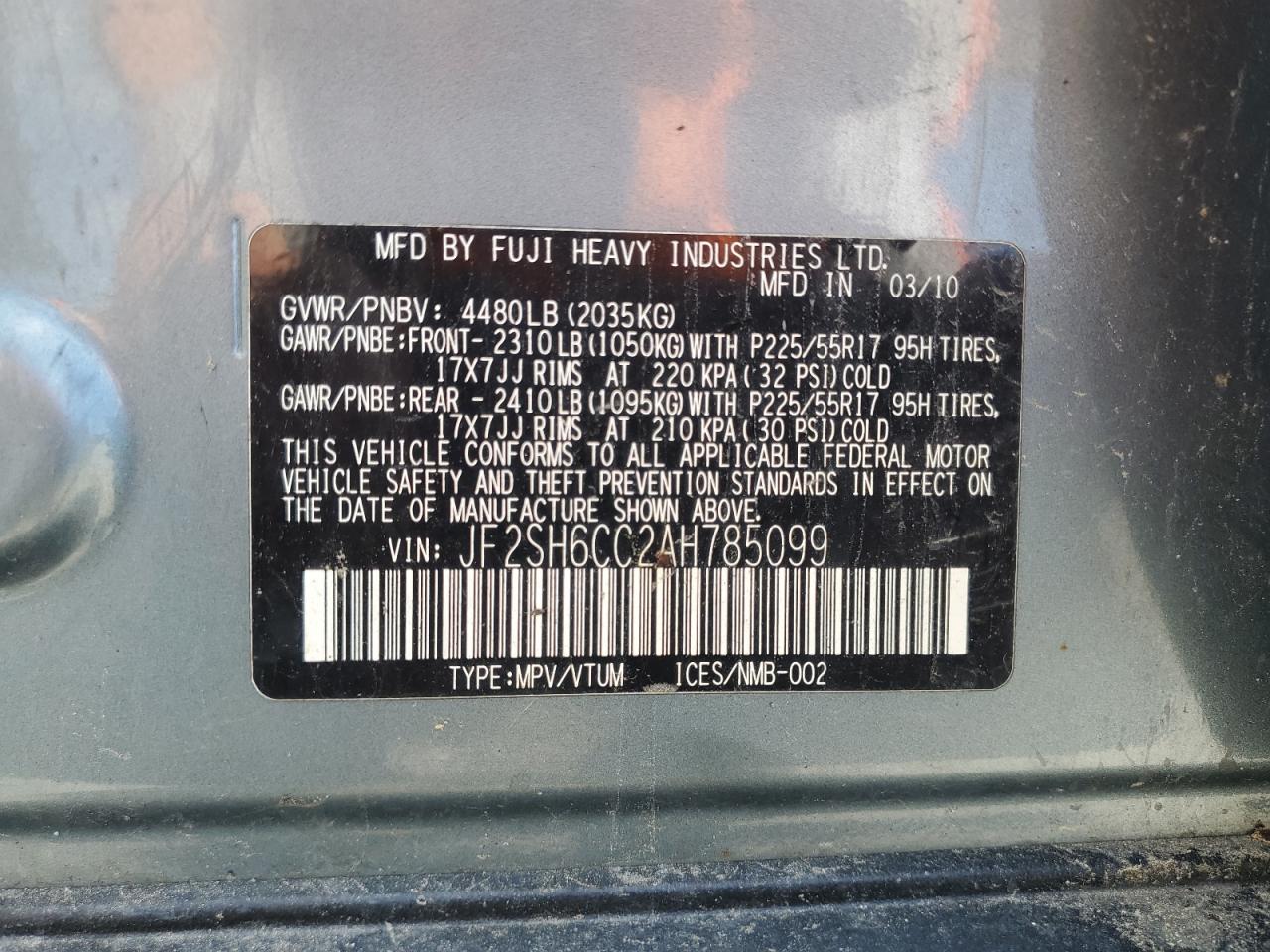 2010 Subaru Forester 2.5X Premium VIN: JF2SH6CC2AH785099 Lot: 62752075