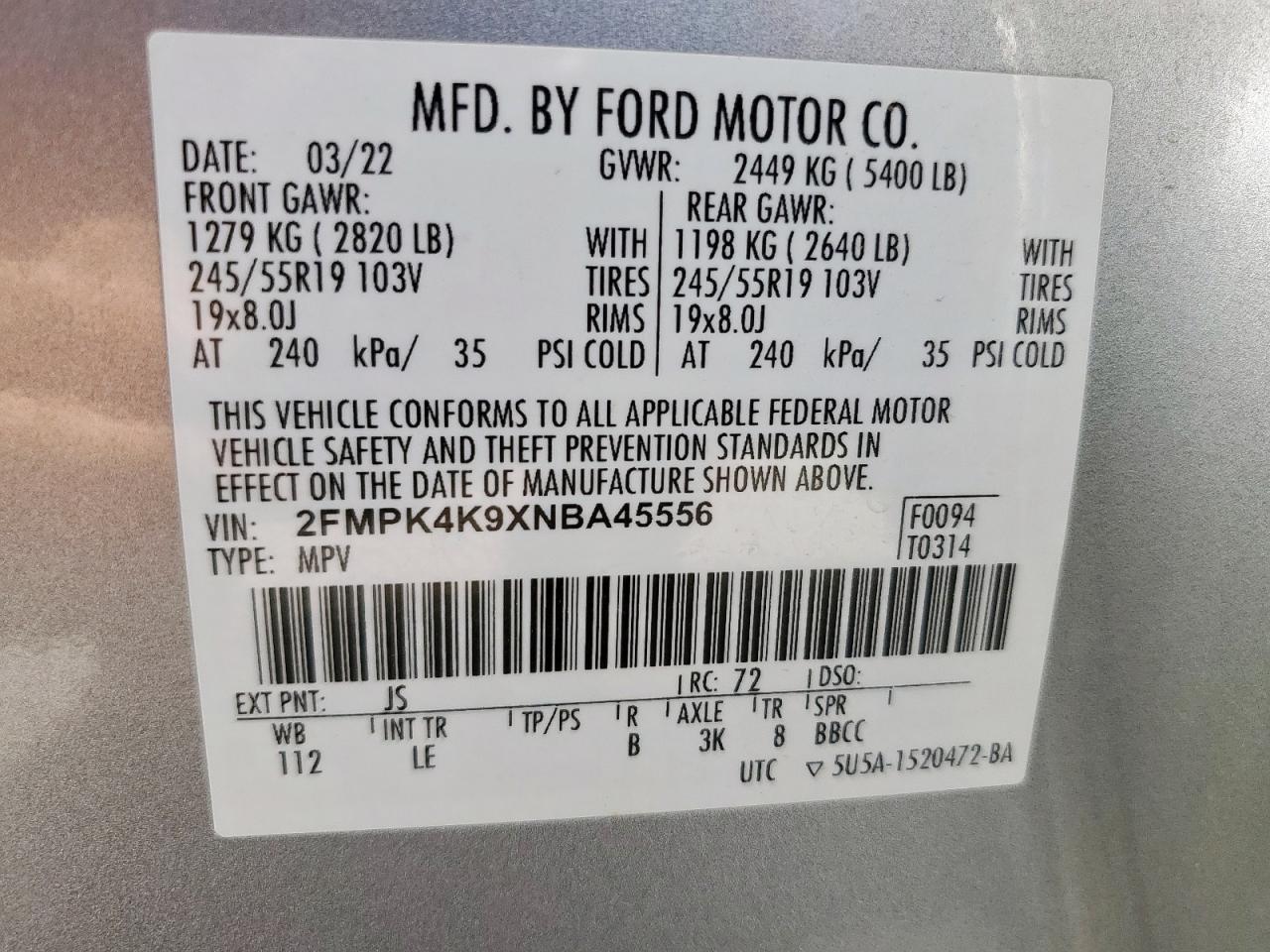 FORD EDGE 2022 VIN 2FMPK4K9XNBA45556 zdjęcie 13
