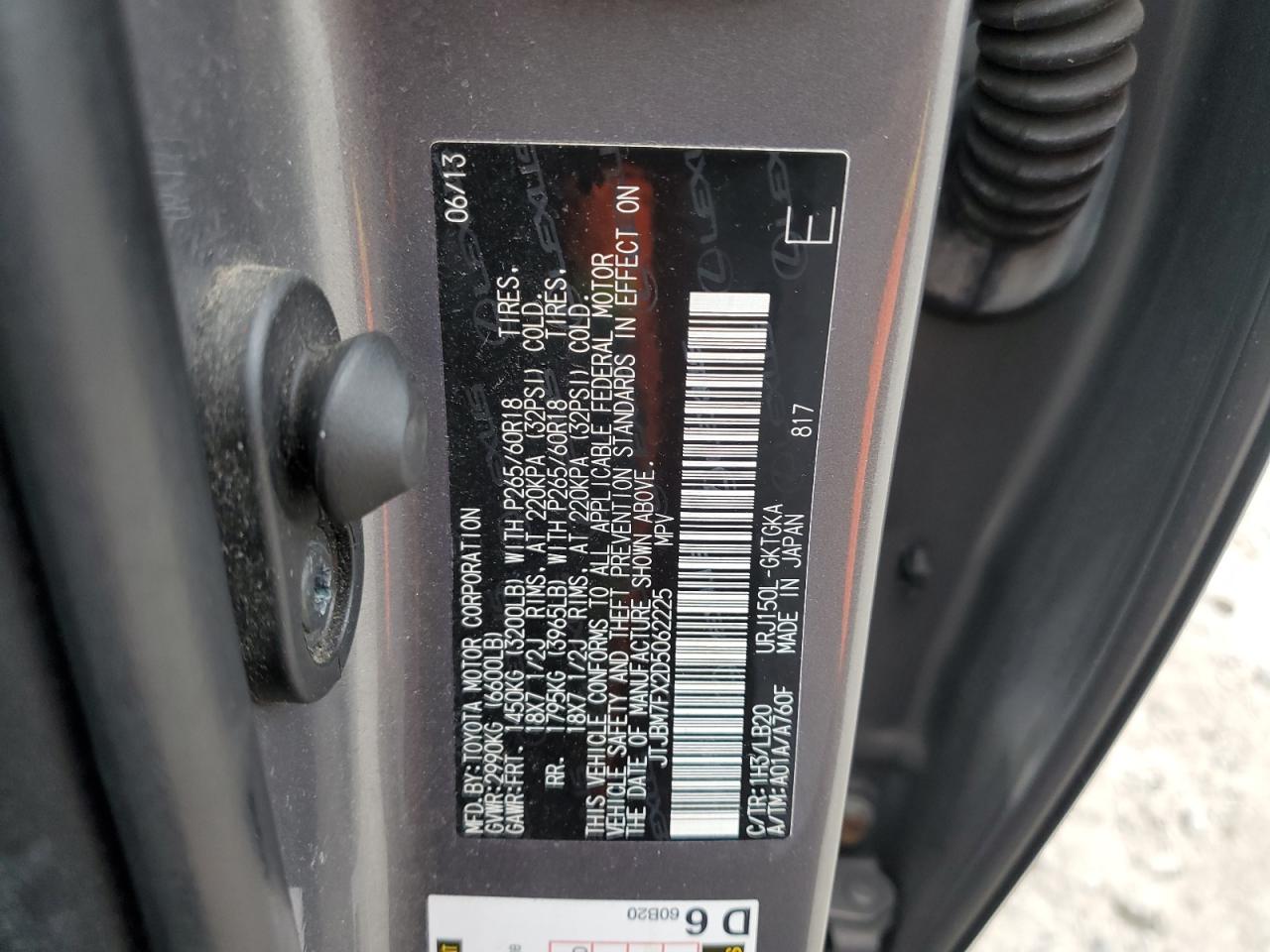 2013 Lexus Gx 460 VIN: JTJBM7FX2D5062225 Lot: 62139365
