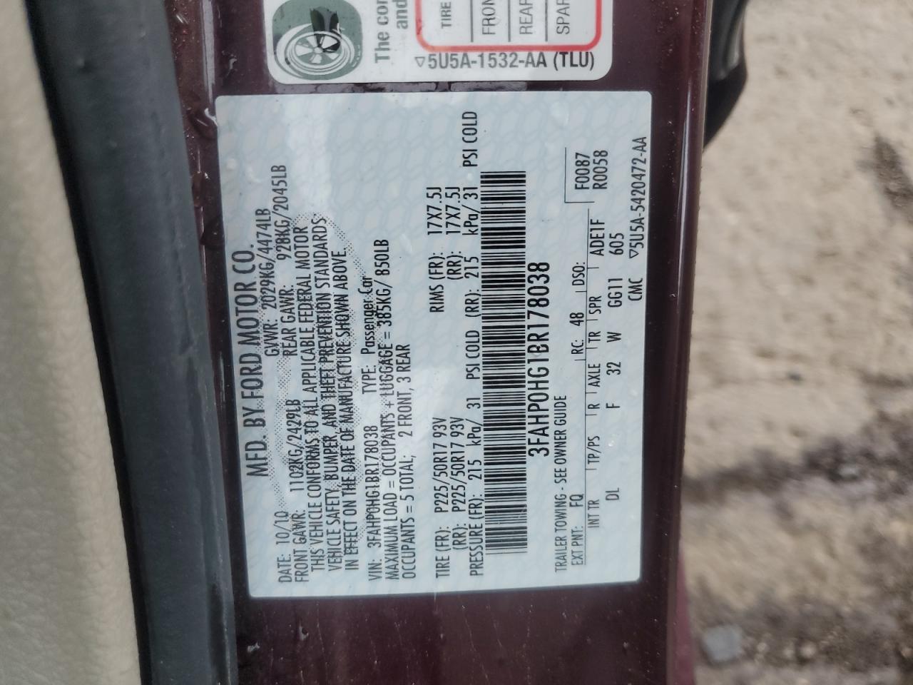 FORD FUSION 2011 VIN 3FAHP0HG1BR178038 фото 12