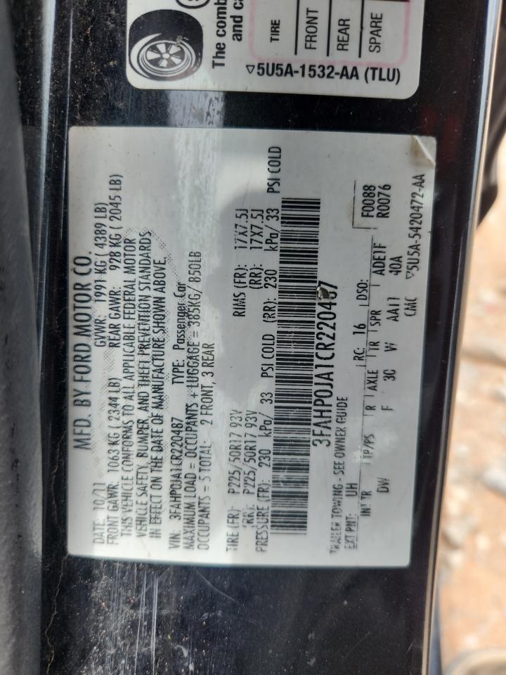 2012 Ford Fusion Sel VIN: 3FAHP0JA1CR220487 Lot: 62906695