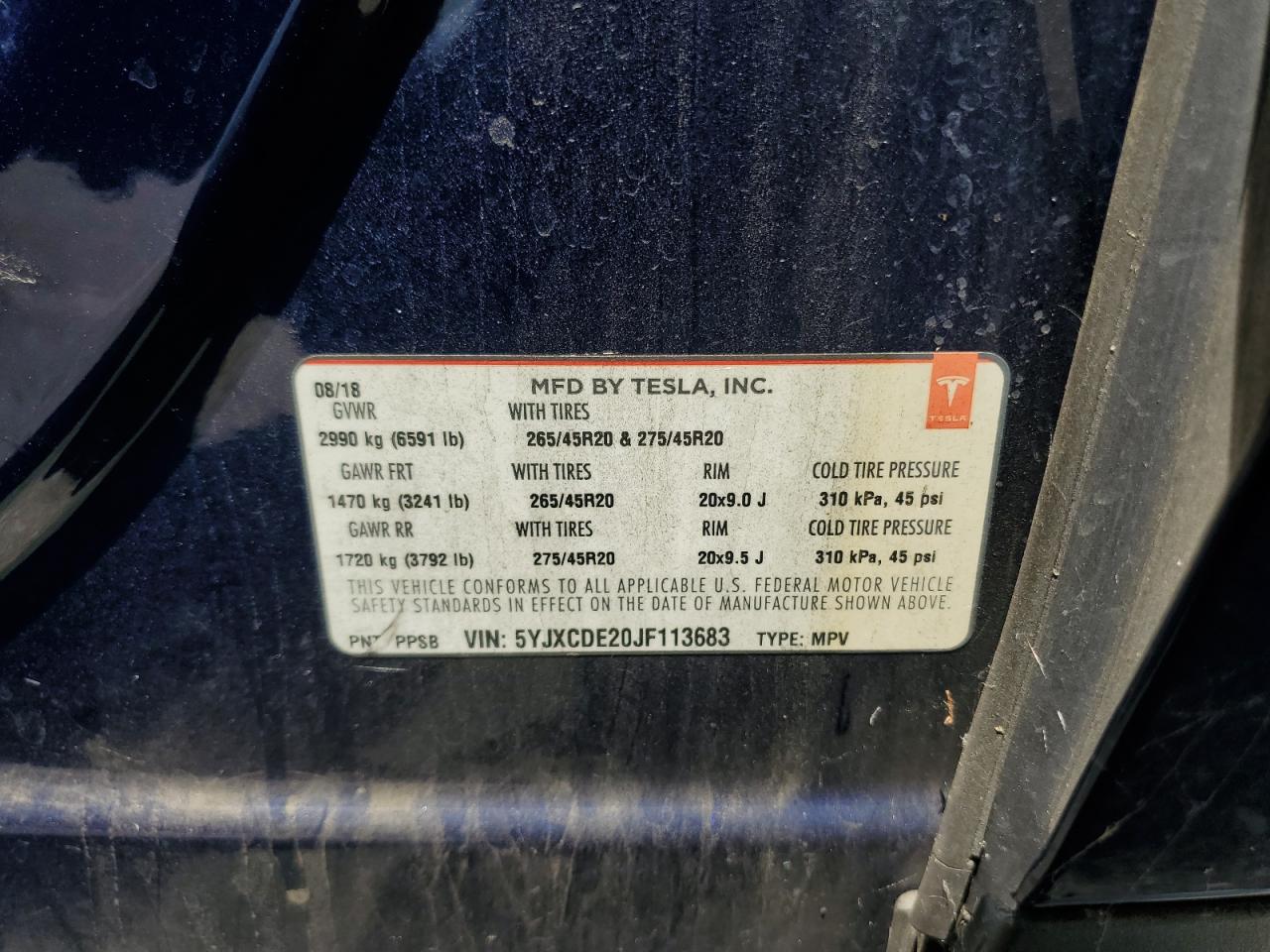 2018 Tesla Model X VIN: 5YJXCDE20JF113683 Lot: 62719035