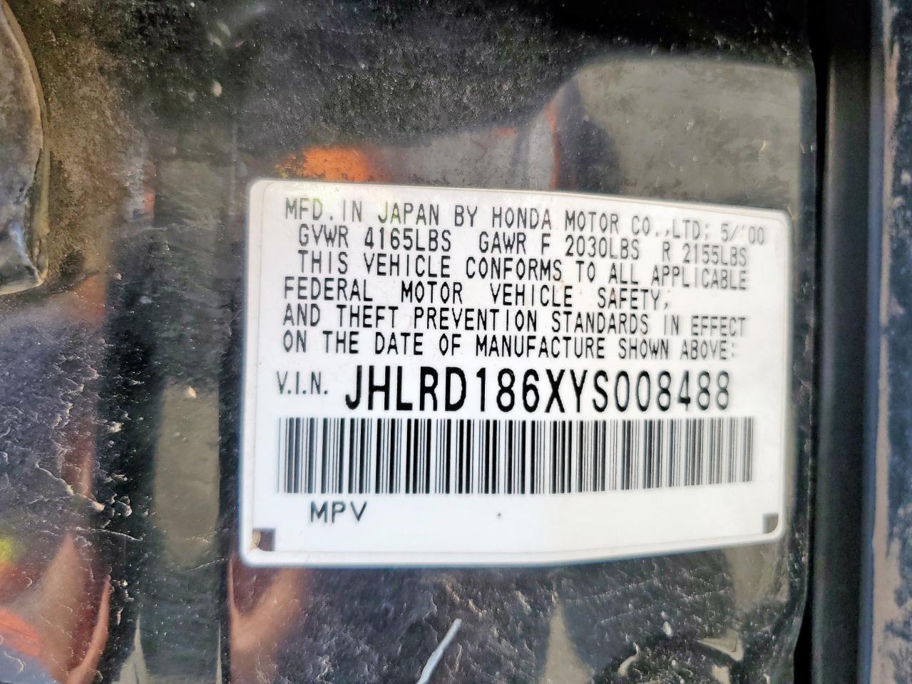 2000 Honda Cr-V Ex VIN: JHLRD186XYS008488 Lot: 61983265