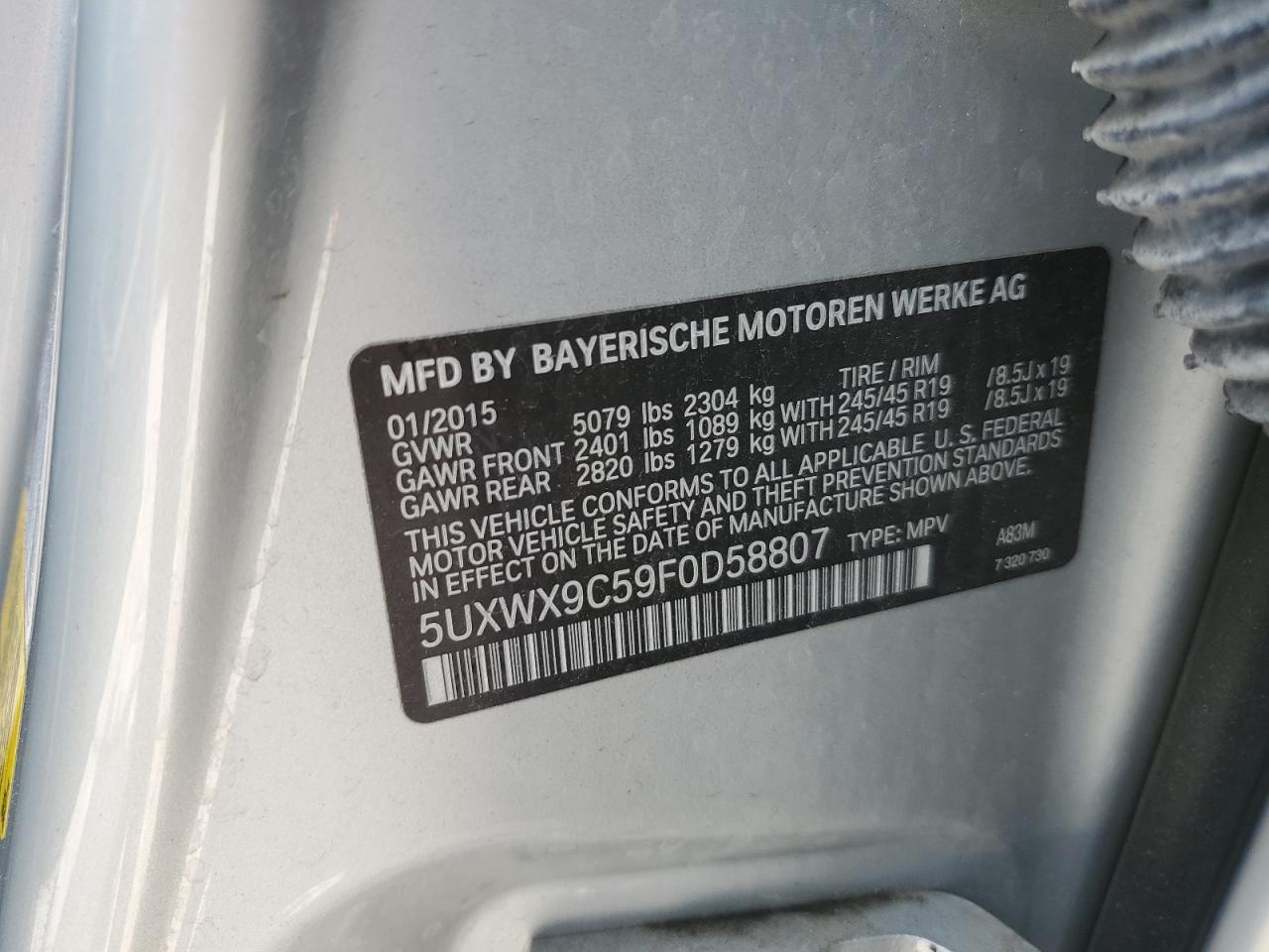2015 BMW X3 xDrive28I VIN: 5UXWX9C59F0D58807 Lot: 62532875