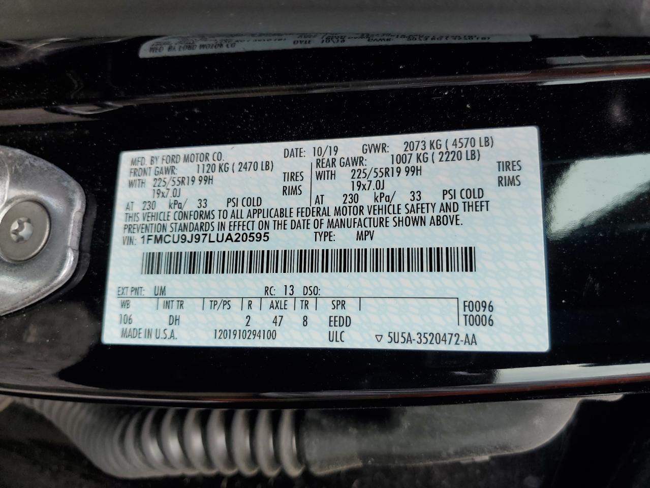 2020 Ford Escape Titanium VIN: 1FMCU9J97LUA20595 Lot: 59476745