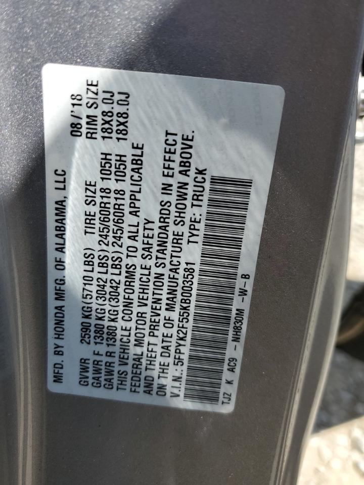 2019 Honda Ridgeline Rtl VIN: 5FPYK2F55KB003581 Lot: 61231815