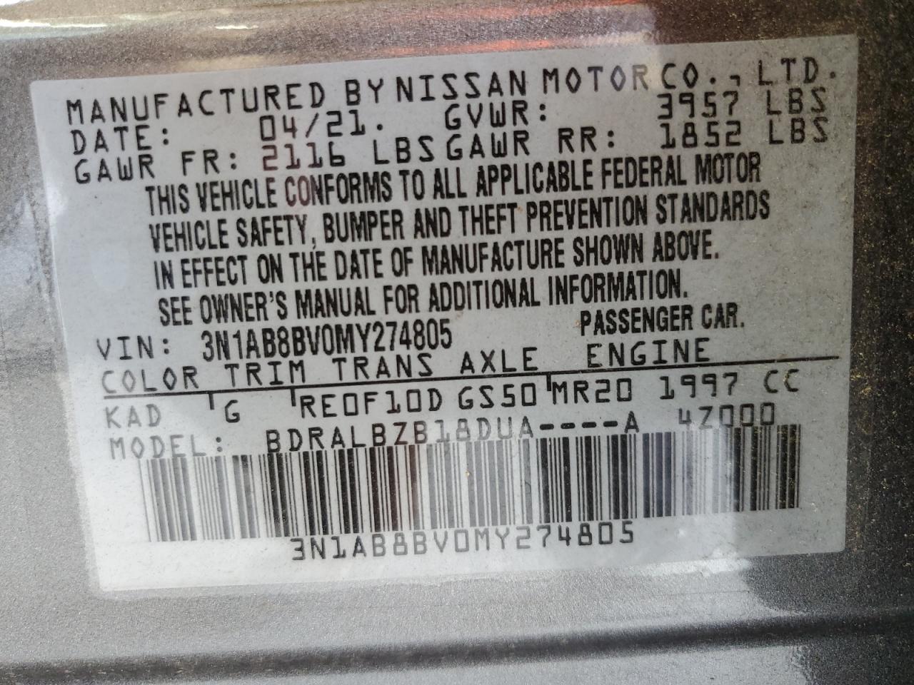 2021 Nissan Sentra S VIN: 3N1AB8BV0MY274805 Lot: 62215165