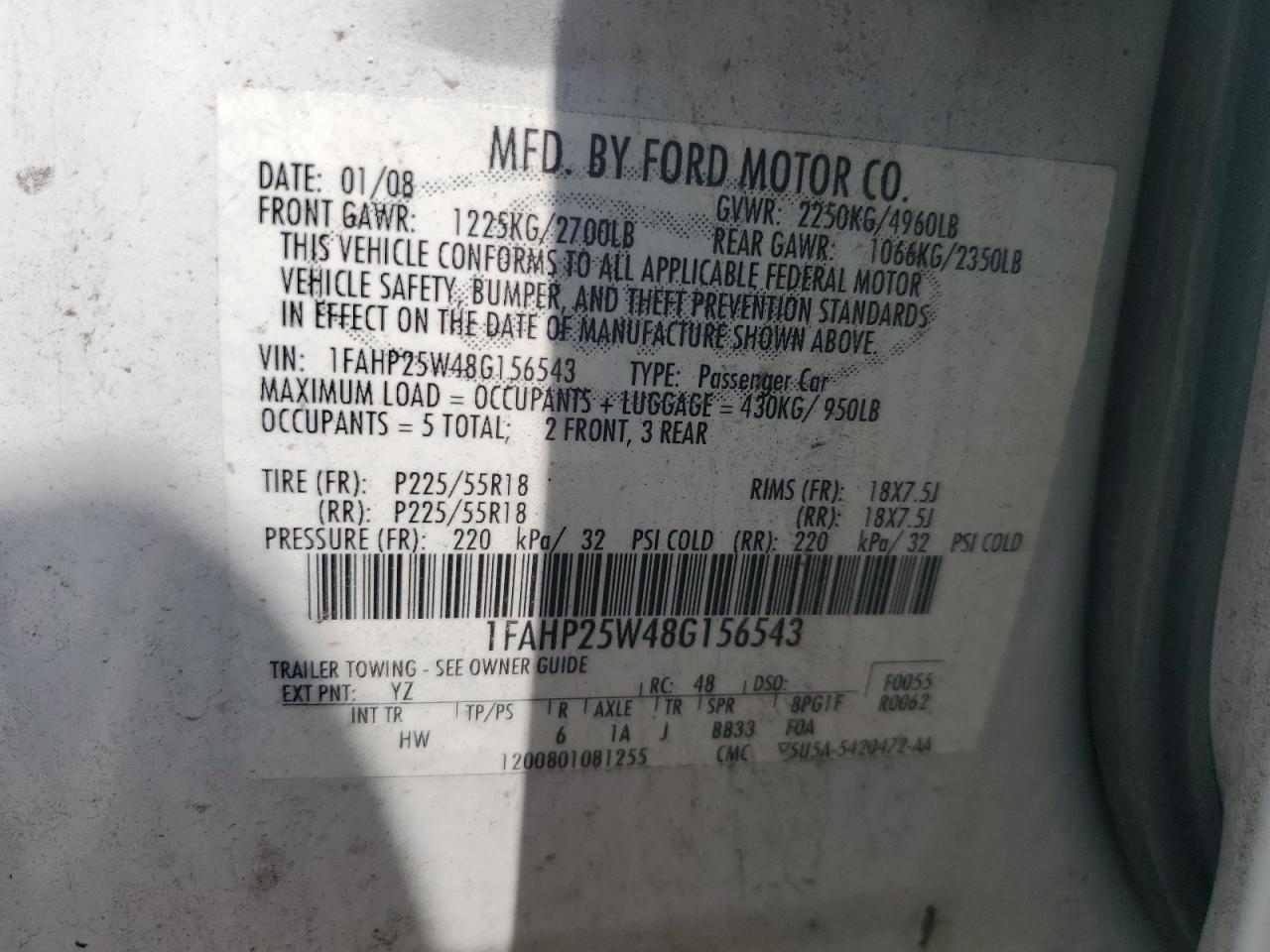 2008 Ford Taurus Limited VIN: 1FAHP25W48G156543 Lot: 59267485