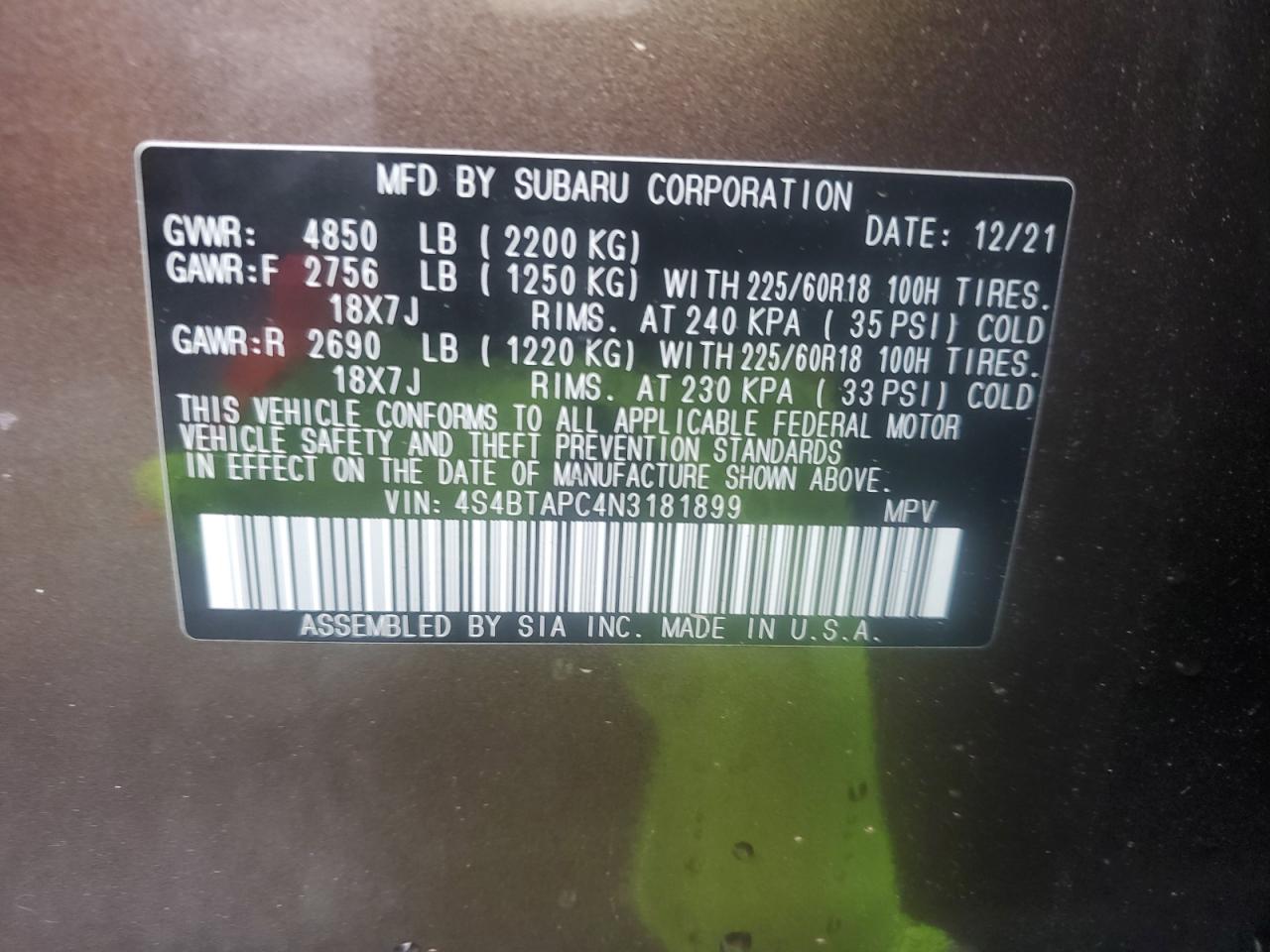 2022 Subaru Outback Touring VIN: 4S4BTAPC4N3181899 Lot: 61002835