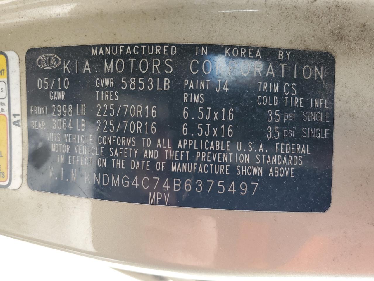 2011 Kia Sedona Lx VIN: KNDMG4C74B6375497 Lot: 61457675