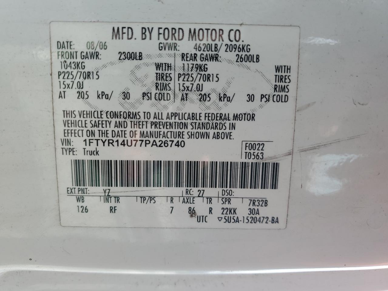 2007 Ford Ranger Super Cab VIN: 1FTYR14U77PA26740 Lot: 61999475