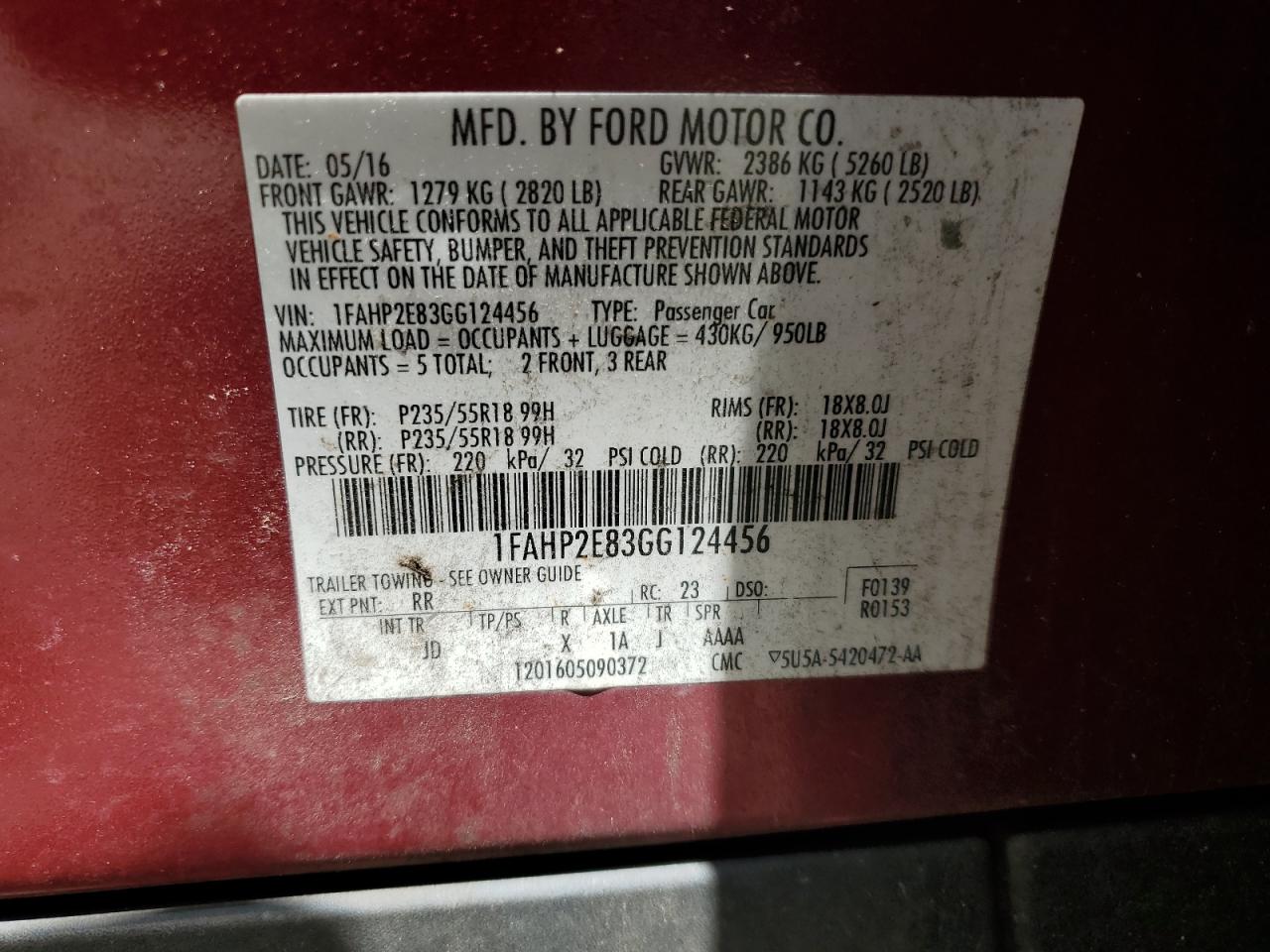 2016 Ford Taurus Sel VIN: 1FAHP2E83GG124456 Lot: 62854455