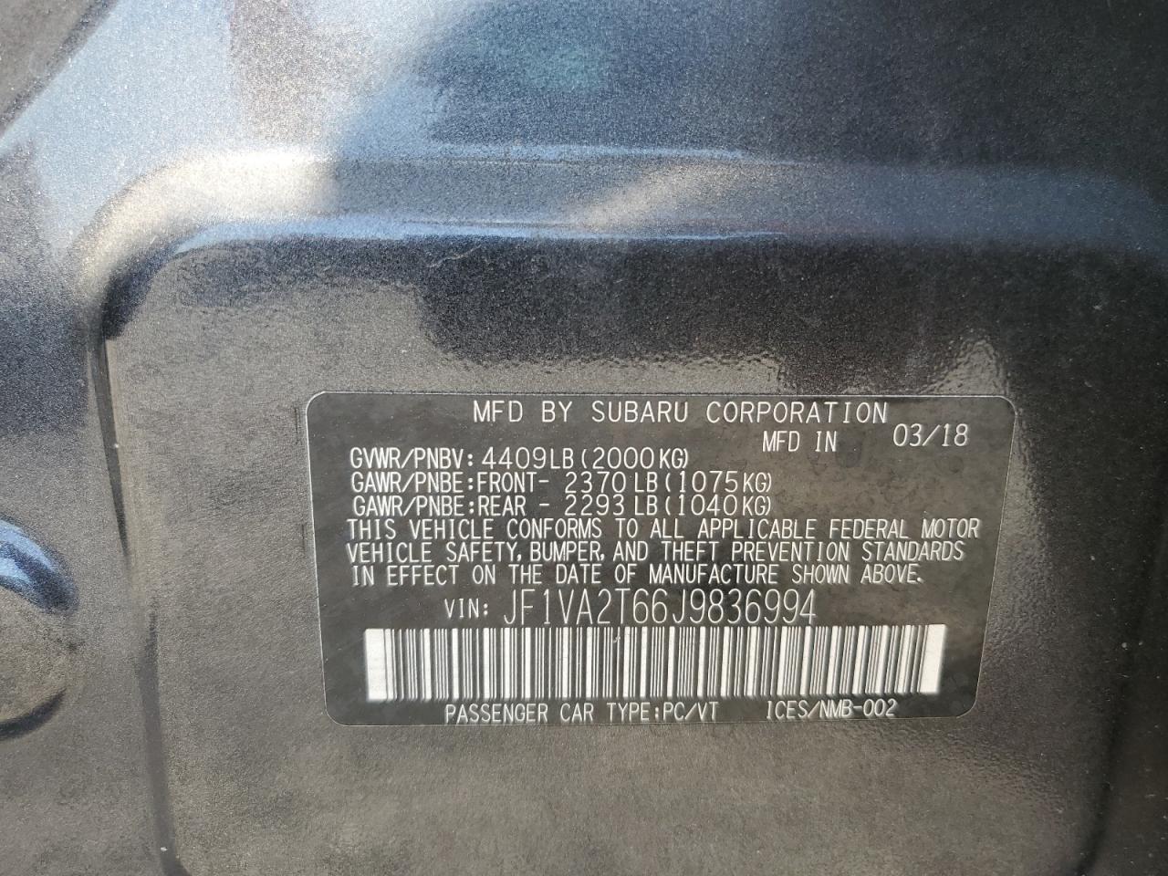 2018 Subaru Wrx Sti Limited VIN: JF1VA2T66J9836994 Lot: 62458835