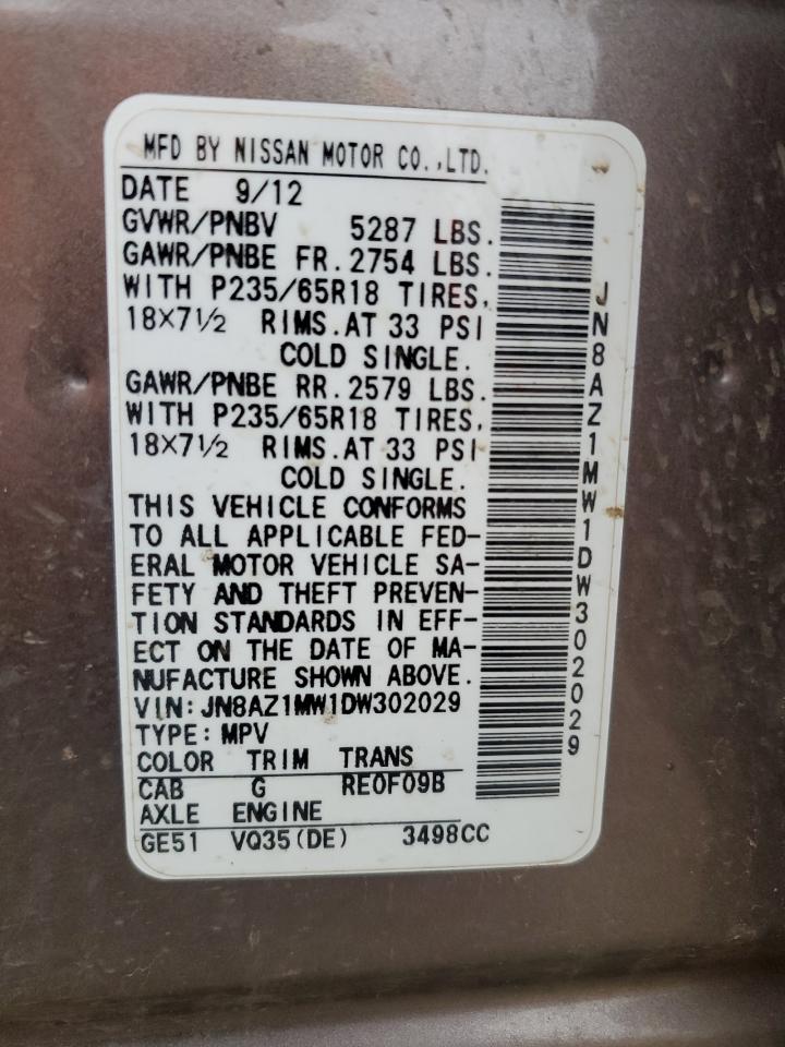 2013 Nissan Murano S VIN: JN8AZ1MW1DW302029 Lot: 60555125