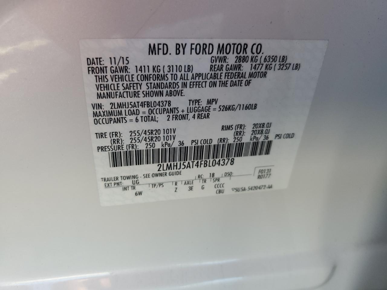 2015 Lincoln Mkt VIN: 2LMHJ5AT4FBL04378 Lot: 61763285