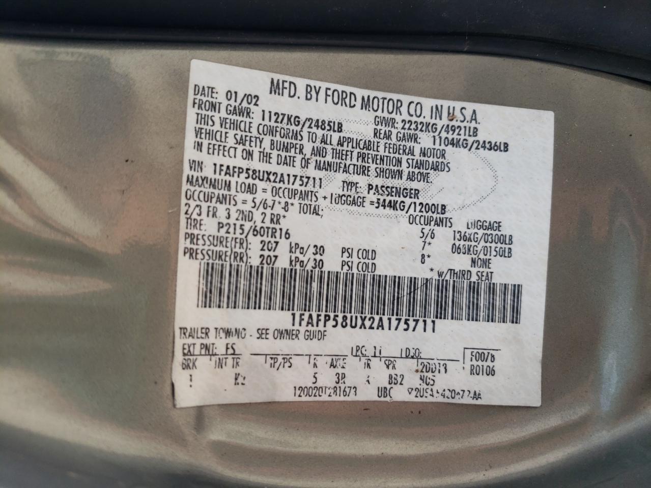 2002 Ford Taurus Se VIN: 1FAFP58UX2A175711 Lot: 60379015