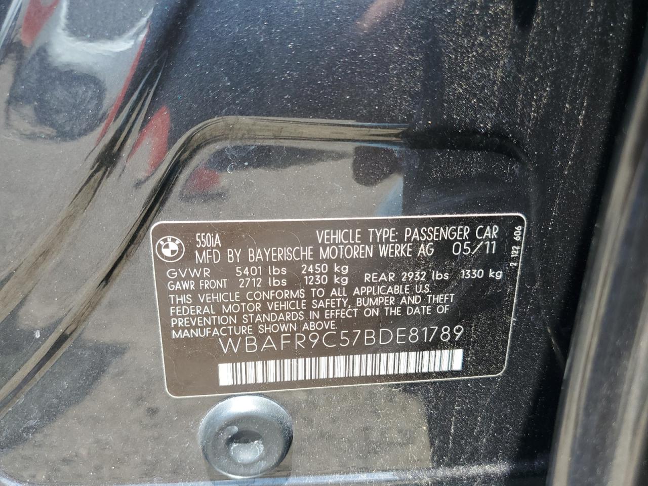 2011 BMW 550 I VIN: WBAFR9C57BDE81789 Lot: 62897935
