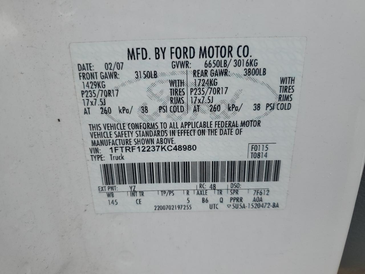2007 Ford F150 VIN: 1FTRF12237KC48980 Lot: 59737435