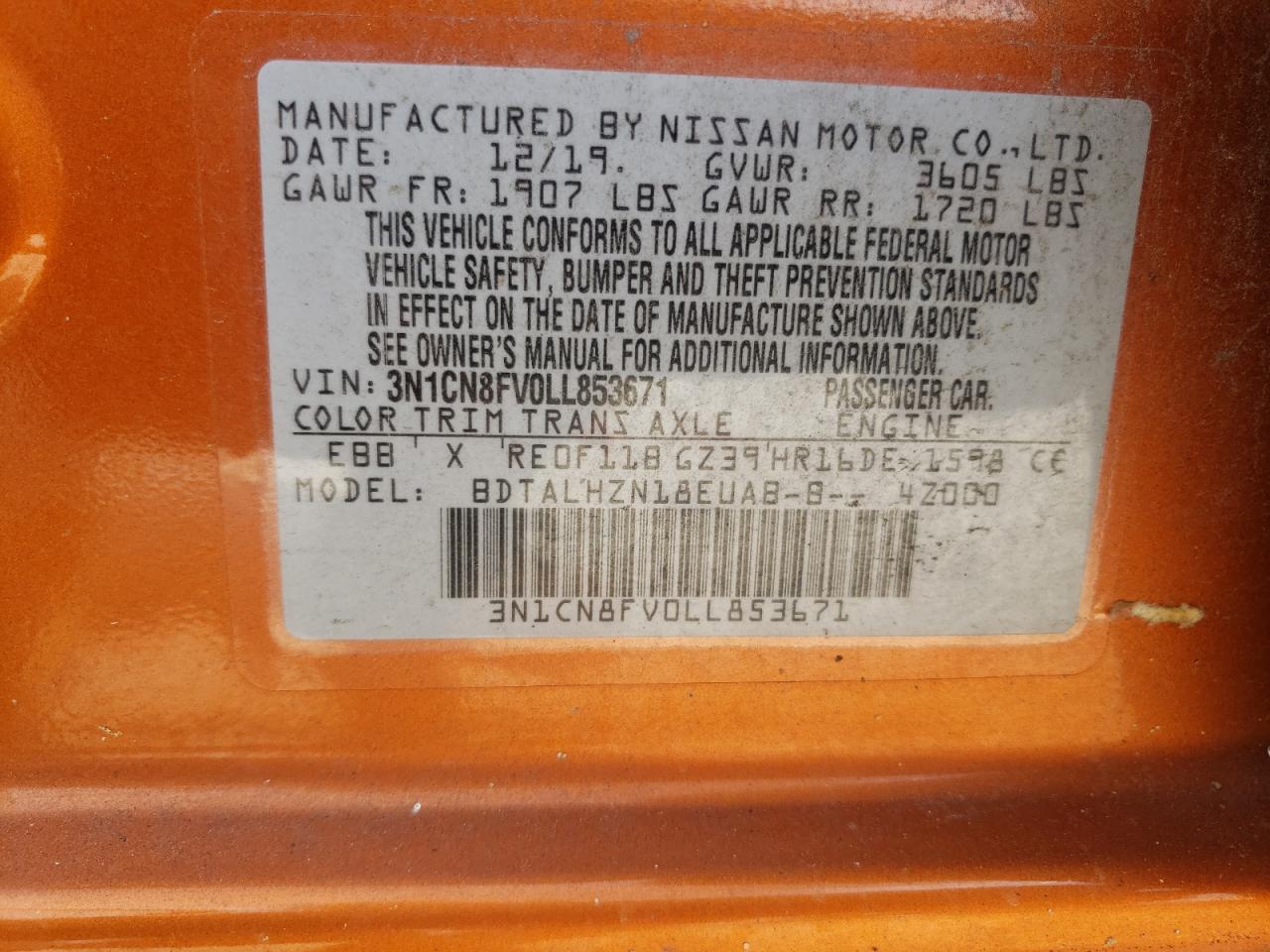 2020 Nissan Versa Sr VIN: 3N1CN8FV0LL853671 Lot: 62666315