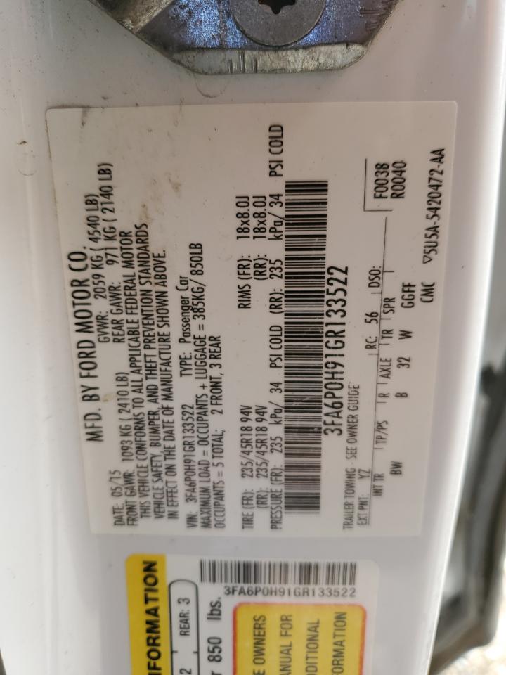 2016 Ford Fusion Se VIN: 3FA6P0H91GR133522 Lot: 61600675