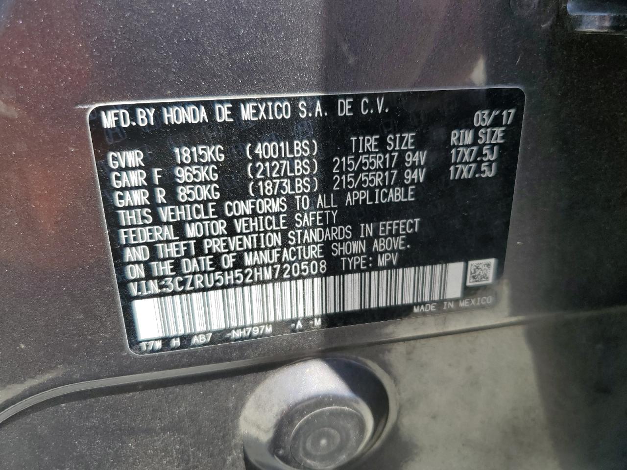 2017 Honda Hr-V Ex VIN: 3CZRU5H52HM720508 Lot: 62693385
