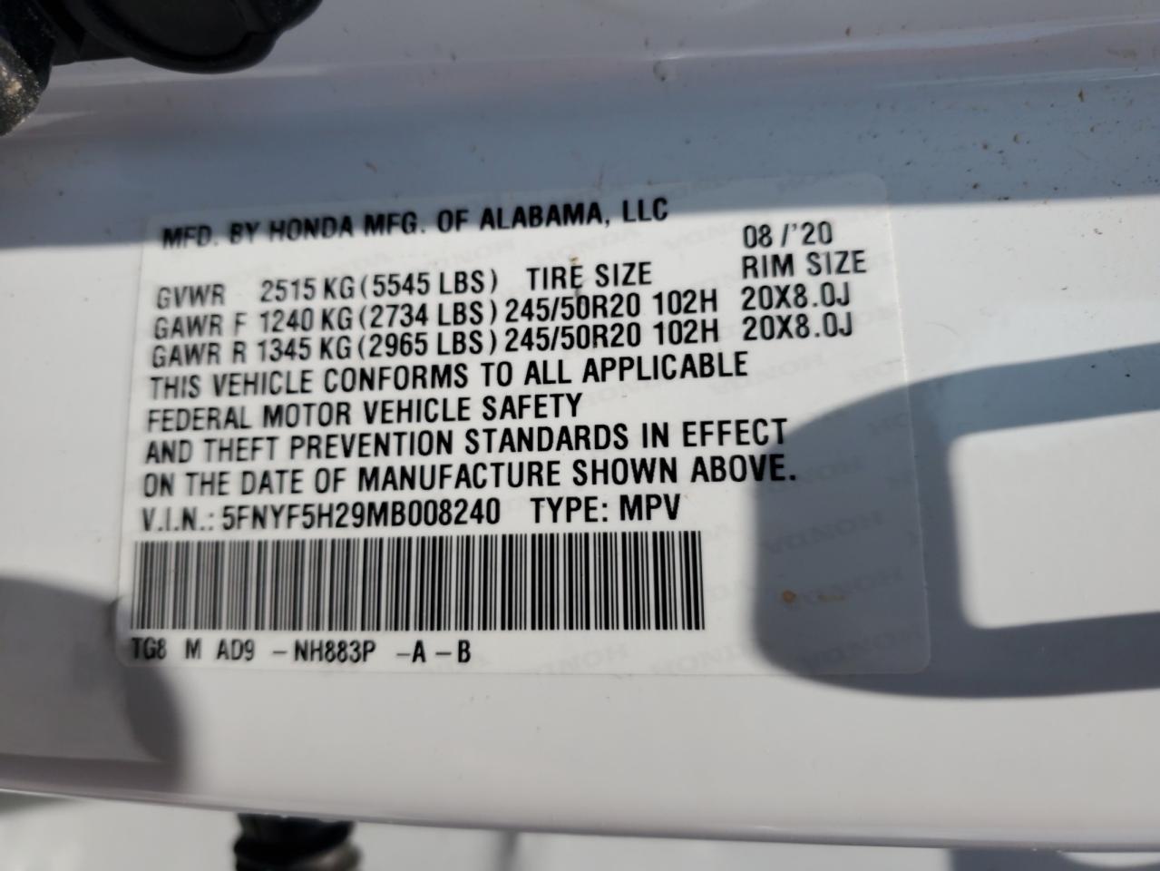 2021 Honda Pilot Se VIN: 5FNYF5H29MB008240 Lot: 60134905