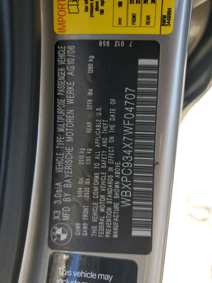 2007 BMW X3 3.0Si VIN: WBXPC934X7WF04707 Lot: 62899235
