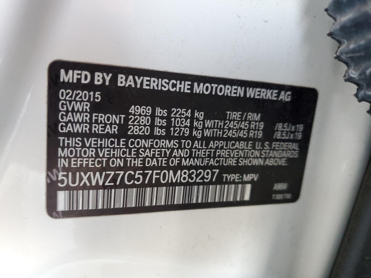 2015 BMW X3 Sdrive28I VIN: 5UXWZ7C57F0M83297 Lot: 61576455