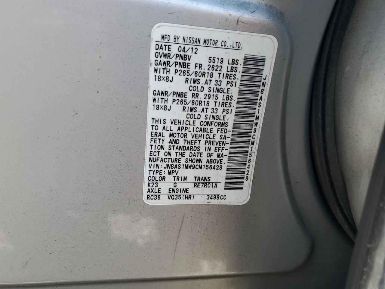 2012 Infiniti Fx35 VIN: JN8AS1MW9CM156428 Lot: 61918745