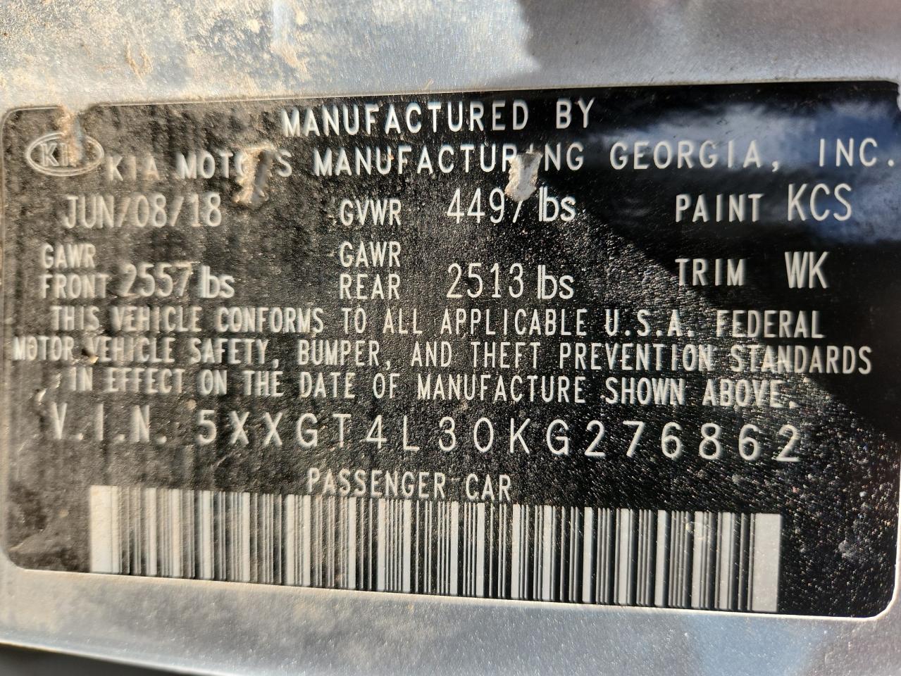 2019 Kia Optima Lx VIN: 5XXGT4L30KG276862 Lot: 61796095