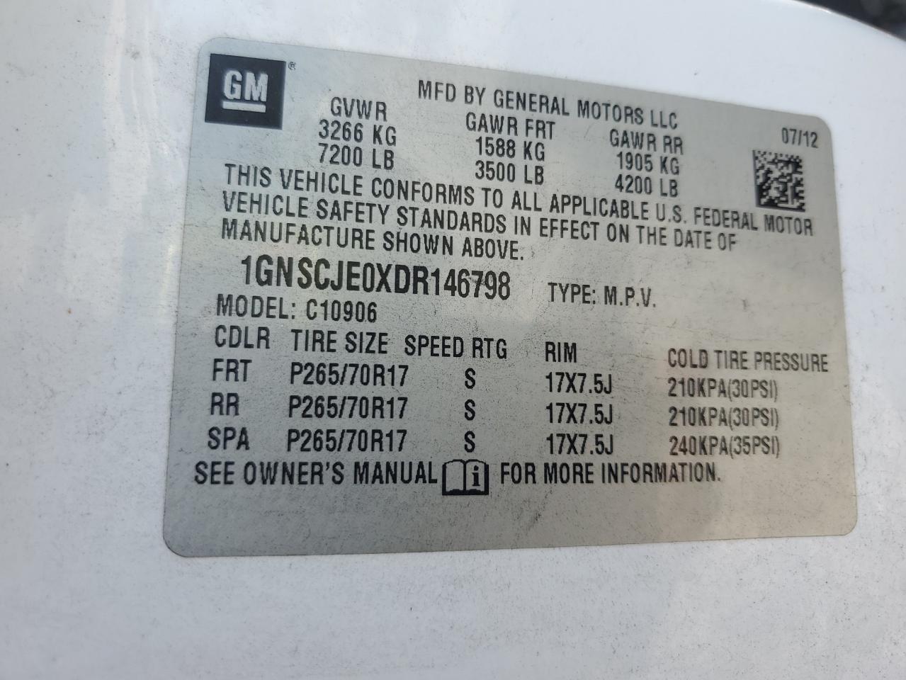 2013 Chevrolet Suburban C1500 Lt VIN: 1GNSCJE0XDR146798 Lot: 62408525