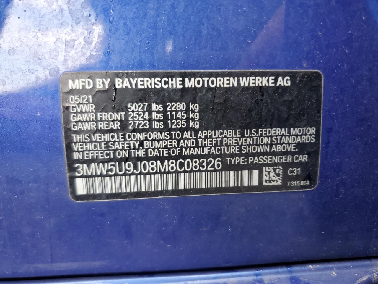 2021 BMW M340Xi VIN: 3MW5U9J08M8C08326 Lot: 61171125