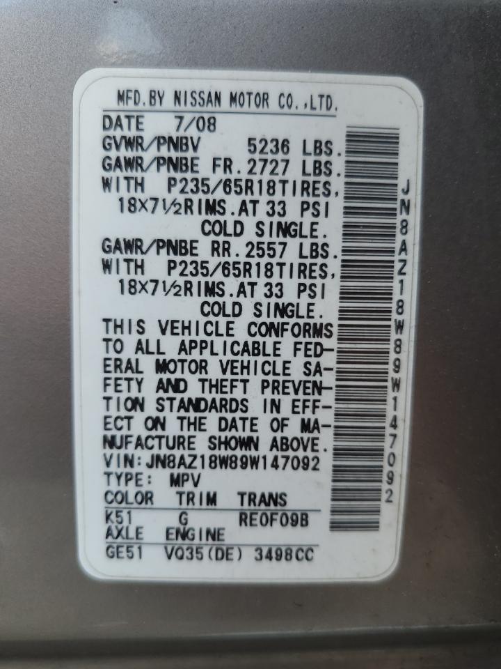 2009 Nissan Murano S VIN: JN8AZ18W89W147092 Lot: 61566065