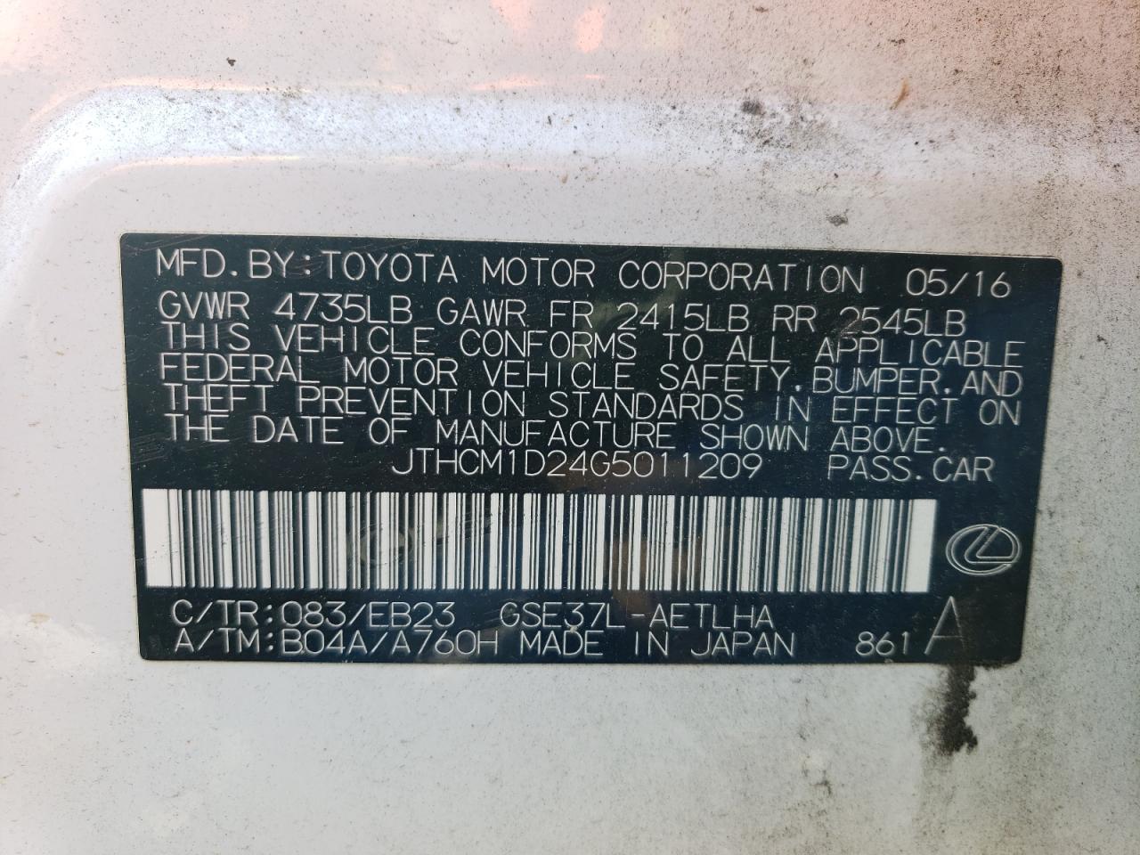2016 Lexus Is 300 VIN: JTHCM1D24G5011209 Lot: 62089065