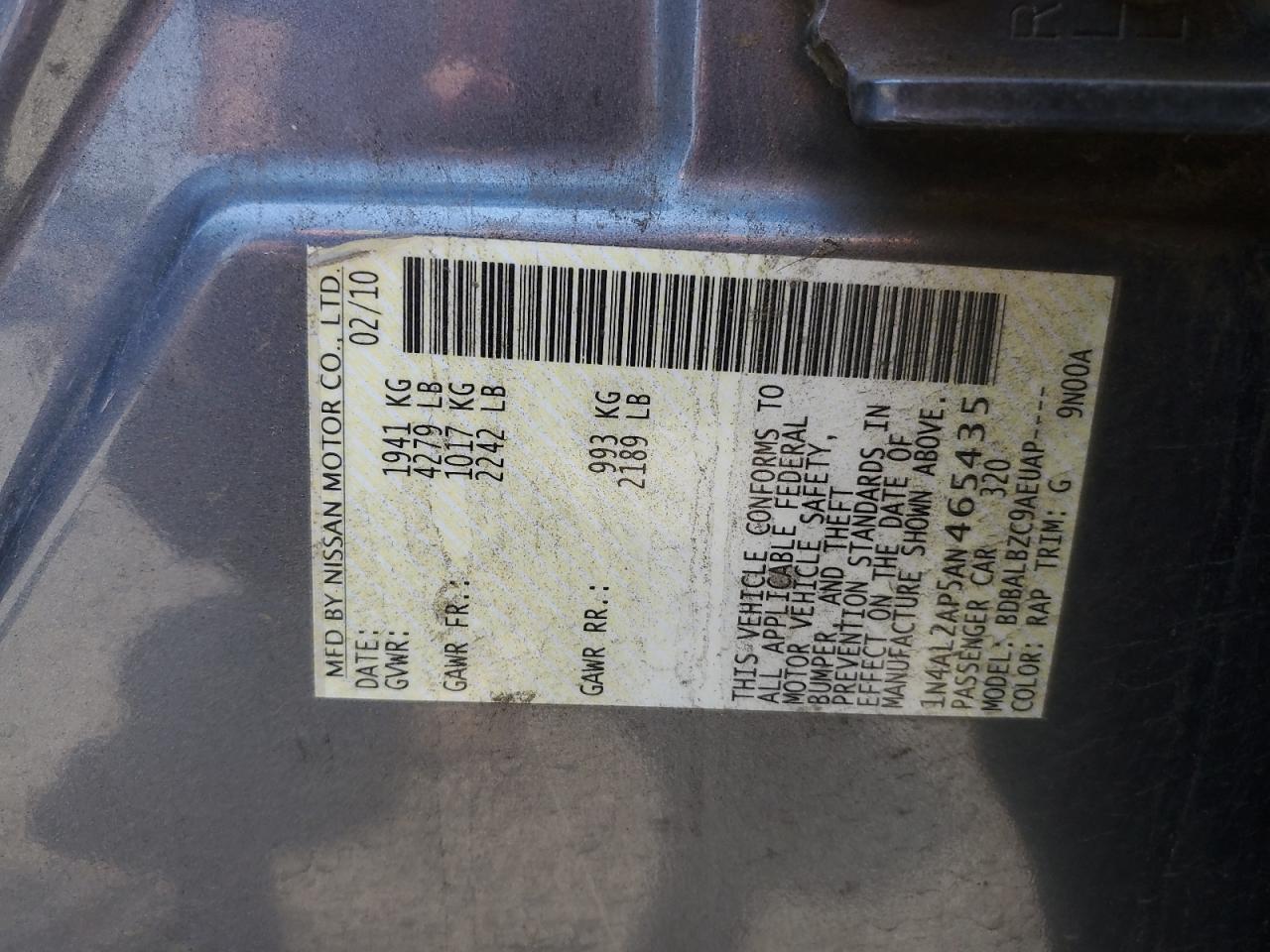 2010 Nissan Altima Base VIN: 1N4AL2AP5AN465435 Lot: 61595955